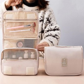 NINOMO Bolsa de Tocador, Bolsa de Maquillaje de Viaje Colgante con Múltiples Compartimentos y Colgable, Neceser para Accesorios de Mujer y Cosméticos, Botellas, Anti y Artículos de Tocador (Beige)