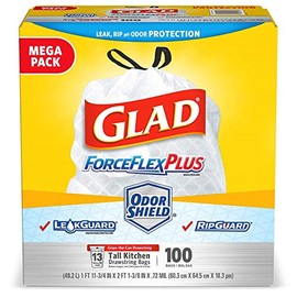 Glad ForceFlexPlus Tall Kitchen Drawstring Trash Bags -13 Gallon White Trash Bag, OdorShield -100 Count (Packaging May Vary), Pack of 6