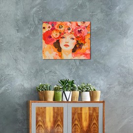 ZOZHI Paint by Numbers for Lady Pretty Flowers Painting Art on Canvas DIY Wearing a Floral Hat Girl Painting Artwork Red Orange Painting Art Gifts Kits for Bedroom Decor 16x20 Inch