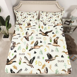 Feelyou Mallard Duck Sheet Set Twin, Hunting and Fishing Bed Sheets Set Green Duck Sheets with Deep Pocket Fitted Sheet Wild Animal Bedding Set Microfiber Soft Bed Set