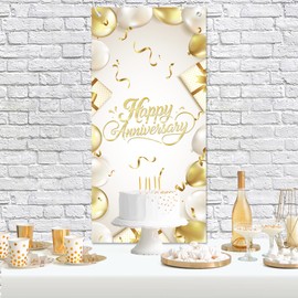 Happy Anniversary Backdrop Banner White Gold Elegant Door Cover Photography Background for Wedding Couples Party Decor 35x72 Inch