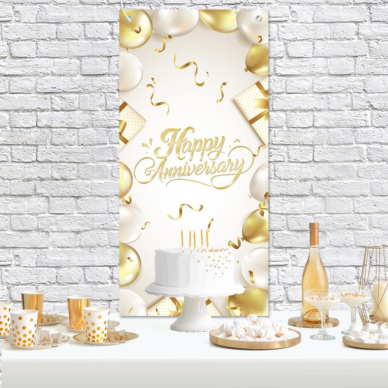 Happy Anniversary Backdrop Banner White Gold Elegant Door Cover Photography