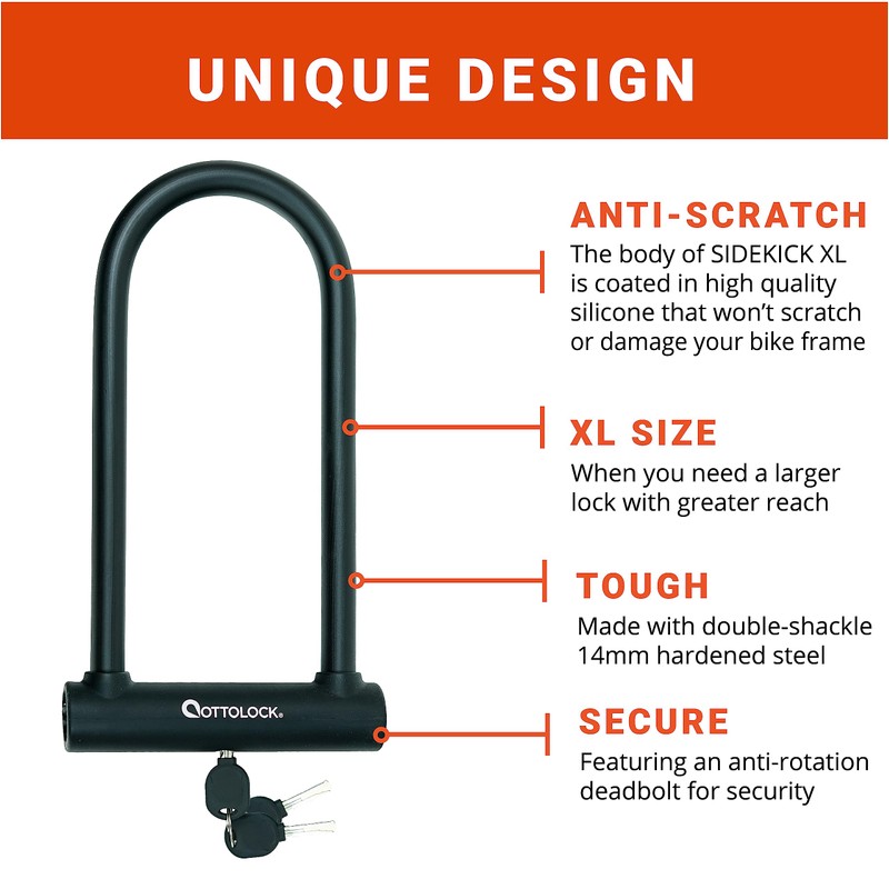 OTTOLOCK Sidekick XL Full-Size U-Lock | Lightweight Silicone-Coated Bike Lock,