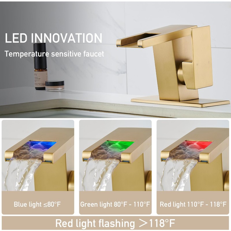 AVSIILE LED Bathroom Sink Faucet, Brushed Gold Waterfall Single Hole