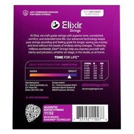 Cuerdas de guitarra acústica Elixir Strings de bronce en proporción 80/20 con recubrimiento NANOWEB, calibre ligero personalizado (.011-.052)