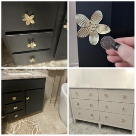 YEMCHI 6 Pack Brushed Gold Flower Cabinet Knobs, 60mm/ 2.36" Kitchen Gold Drawer Pulls, Bathroom Zinc Petal Handles for Dresser Drawer, Decoration Knob of Cupboard Furniture Hardware (6 Flower)