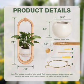 NEKL Wooden Wall Planters for Indoor with Ceramic Pot - Modern Hanging Plant stand Shelf for Indoor Plants, Wall Mounted Plant Holder for Living Room, Bedroom, Wall Decor - Raw Wood Color (Set of 1)