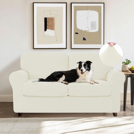 CHUN YI 5 Piece Loveseat Covers for 2 Cushion Couch, 2 Seater Stretch Sofa Slipcover with Separate Backrest and Cushion Covers, Anti-Slip Furniture Protector for Dogs Pets (Medium, Ivory White)