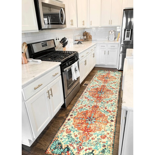 Lahome Bohemian Floral Medallion Runner Rug - 2'6" x 10' Hallway Rug Runner Soft Washable Non-Slip Stair Runner Mat, Distressed Indoor Accent Carpet Runner for Kitchen Laundry Room Entryway