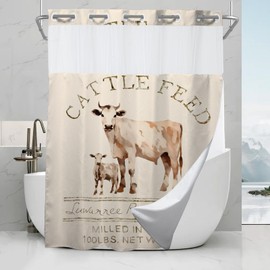 Final Friday Farmhouse Abstract Animal Cattle Feed Cow Rustic Theme No Hook Waffle Weave Shower Curtain with Snap in Liner Polyester Fabric Bathroom Decor Set 72 W x 74 H Inch Ivory White Teal