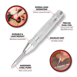 Performance Tool W7551 5-Inch Adjustable Automatic Center Punch with Heavy Duty Hardened Steel Metal for Precise and Accurate Hole Punching