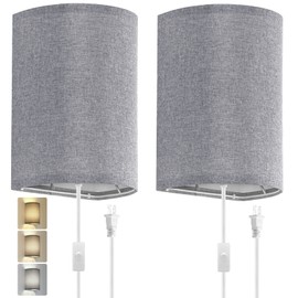 Wall Sconces Set of Two, Fabric Shades Plug in Wall Sconces, 3 Color Temperature Switching Modern Wall Light Fixtures, Wall Lamp with Plug in Cord, On/Off Switch Wall Lights for Bedroom Porch (Grey)