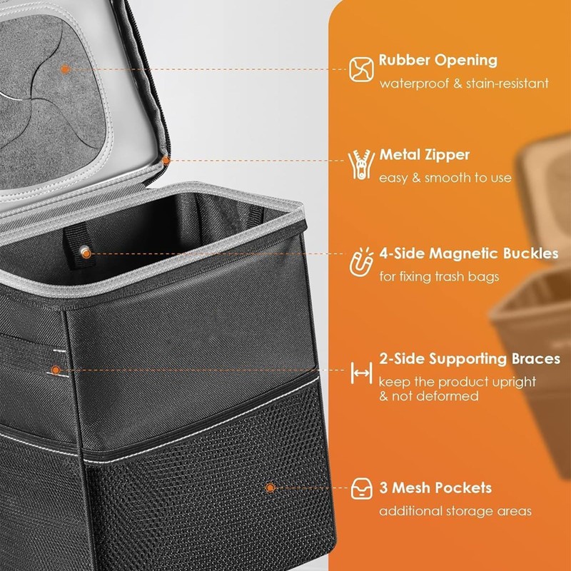 Cozioz Car Trash Can with Lid & Storage Pockets –100%