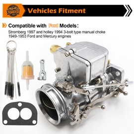 Yonder Flux 2 Barrel Carburetor with Gasket for Ford and Mercury Engines, for Stromberg 97 and Holley 94 3-Bolt Type Manual Choke 1949-1953 Replaces OE: 91511655