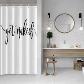 Hnmdmyi Shower Curtain, White, 90 x 180 cm, Black Art Font Words Get Naked Shower Curtains, Funny Quotes, Beautiful and Cool Bath Curtain, Waterproof, Polyester Fabric, Washable Bath Curtain with