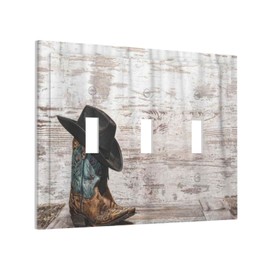 Rustic Western Cowboy Hat Cowgirl Boots 3 Gang Light Switch Cover Triple Toggle Wall Plate Home Decorative Faceplate Electrical Switchplate for Bathroom Living Room Decor 6.7 x 4.8 In