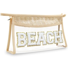 Bolsa de maquillaje con letra de chenilla con purpurina, capacidad de 1.1 l, bolsa de playa transparente, fácil de transportar, tela hecho a mano, material impermeable, bolsa de maquillaje