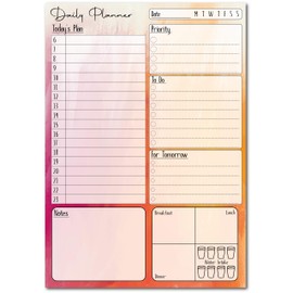 A5 Daily Planner 50 Sheet Note Pad with Schedule, Priority, To Do Lists, Doodle Notes & Meal Organiser (Pink/Orange Fade)