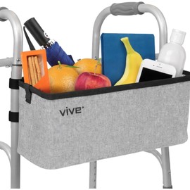Vive Walker Basket Accessories Bag - Tray for Folding Walker with Water Cup Holder & Pockets - Universal Large Capacity Storage Container for Seniors, Elderly - Storage Mobility Aid Pouch (Gray)
