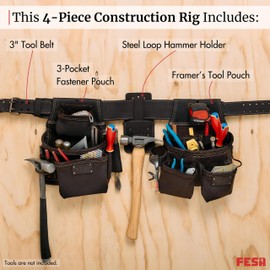 FESA Leather Tool Belt for Men with Framers & Fastener Pouches, Hammer Holder & 3"-Wide Tool Belt (Adjustable 34"-44") - 4-Piece Carpenter Rig with 22 Pockets & Attachment Points - Handcrafted (Brown)