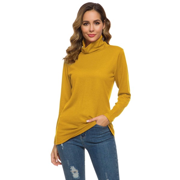 Turtleneck Women Cotton Long Sleeve Tops Stretch Fitted Soft Basic Layer Thermal Pullover Sweater Yellow