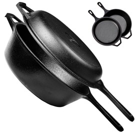 Cast Iron Skillet + Lid - 2-In-1 Multi Cooker - Combo: Deep Pot + Frying Pan - 3-Qt Dutch Oven - Pre-Seasoned Oven Safe Cookware - Indoor/Outdoor - Grill, Stovetop, Induction Safe - Great for Bread