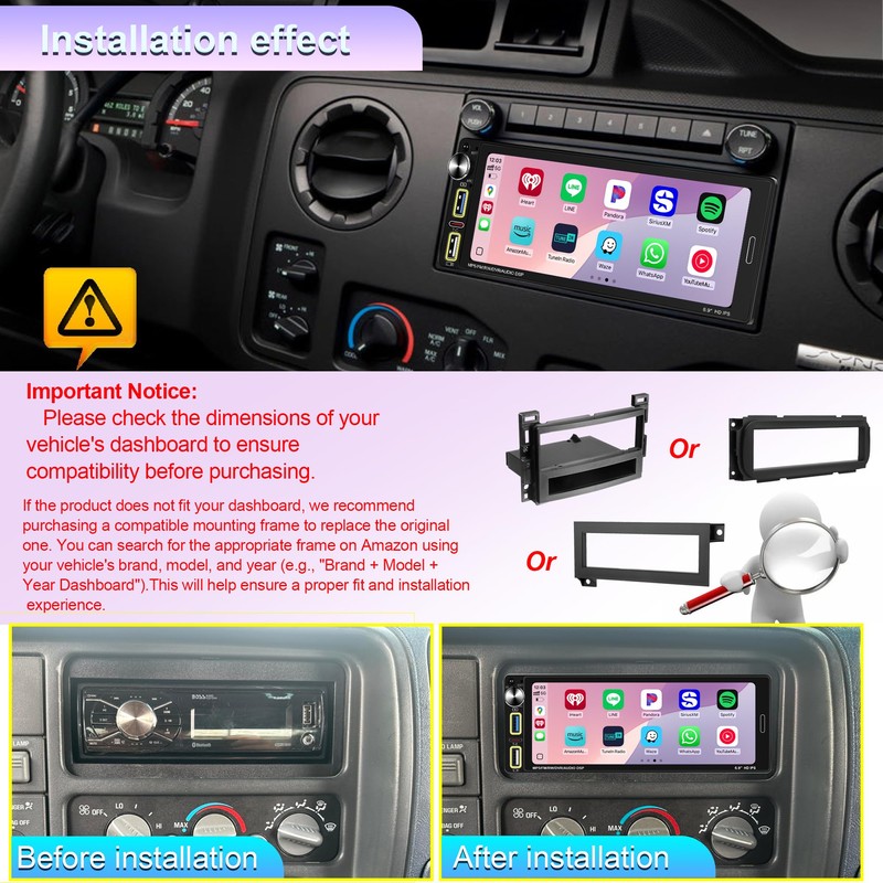 6.9" Single DIN Car Stereo Radio with Wireless Apple CarPlay,