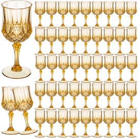 7OZ Plastic Wine Glasses, 48Pcs Amber Reusable Drinking Cups Vintage Champagne Flutes, Plastic Crystal Water Goblets for Parties Stemmed Shatterproof Drinking Glasses for Wedding, Toasting Party