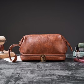 PAHVRION Toiletry Bag for Women Men,PU Leather Vintage Travel Pouch,Toiletry Travel Dopp Kit,Large Shaving Cosmetic Bag,Fully Lined with Cotton Fabric Brown