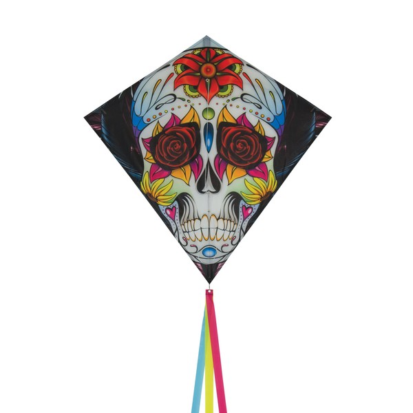 In the Breeze Sugar Skull 30 Inch Diamond Kite - Single Line - Includes Kite Line and Bag - Fun Printed Design
