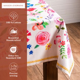 Maison d'Hermine Tablecloth, 100% Cotton, Decorative, Washable, Square Tablecloth for Mother's Day Gifts, Dining, Buffet Parties, Happy Florals - Sweety - Spring/Summer (160 cm x 220 cm)
