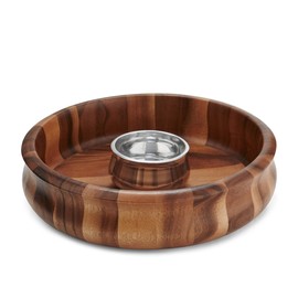Nambe Nara Acacia Wood Curved Chip & Dip Bowl 13" x 3.5" - Inner Mini Nambe Alloy Dip Bowl