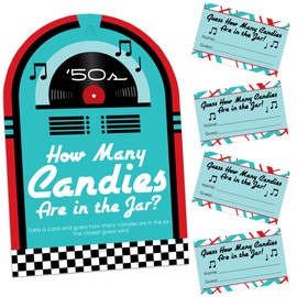 Big Dot of Happiness 50’s Sock Hop - How Many Candies 1950s Rock N Roll Party Game - 1 Stand and 40 Cards - Candy Guessing Game