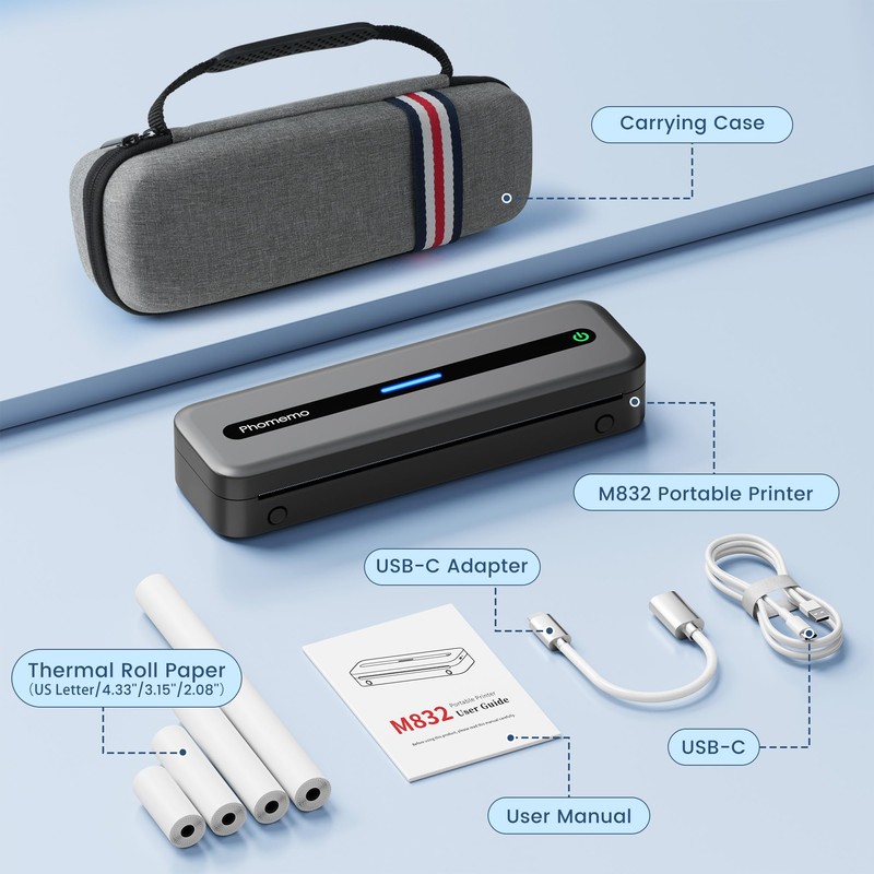 Phomemo Portable Thermal Printer, M832 Inkless Portable Printers Wireless for