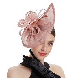 Brawlady Sinamay Fascinator Hat with Top Flower, Women Feather Pillbox Headwear, Tear Drop Shape Church Wedding Derby Cocktail Tea Party Headpiece Pink