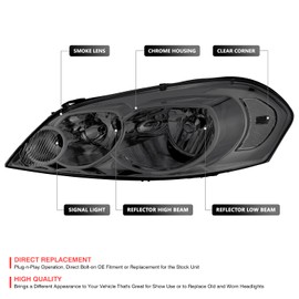 DNA MOTORING Pair of OE Style Headlights Compatible With Chevy Impala 06-13 / Impala Limited 14-16 / Monte Carlo 06-07, Chrome/Smoked Lens, HL-OH-CIMP06-SM-CL1