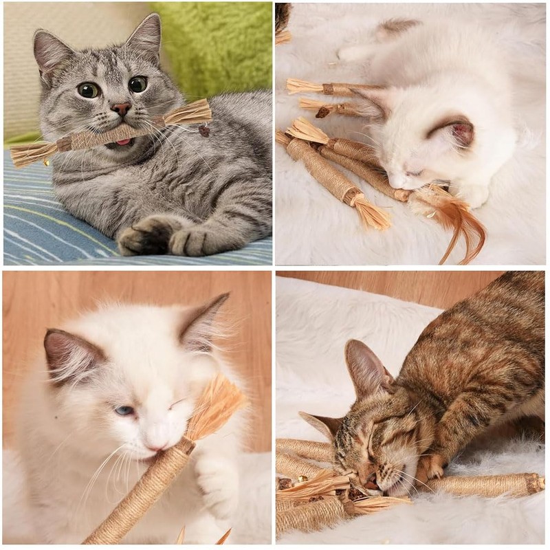 HUIQIHANG 4-Pack Natural Silvervine Cat Chew Sticks, Interactive Catnip Toys