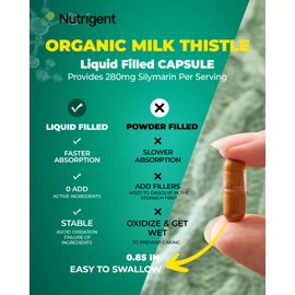 Nutrigent USDA Organic Milk Thistle Supplement, Silymarin Supplement 280 mg, Liquid Organic Capsules, Liver Health & Detox Support, Non-GMO, 60 Count