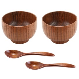Ocnvlia 4 Pieces Wooden Handmade Bowl and Spoon for for Rice Serving Home Kitchen Tableware