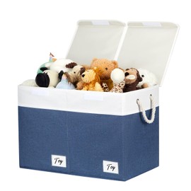 HNZIGE Fabric Toy Storage Organizer Bins, ToyBox for Livingroom with Lids, large Toy Chest for Kids, Collapsible Bins 25"x13"x16"-1 Pack(White&Blue)