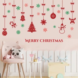 Merry Christmas Wall Decals Red Xmas Tree Snowflake Wall Stickers Removable Peel and Stick Art Murals for Bedroom Nursery Classroom Kids Room Christmas Party Decoration (Red)