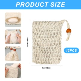 Pack of 12 Soap Bags for Solid Soap, Soap Bags for Solid Soap, Soap Bags Made of 100% Sisal Cotton, Soap Bag for Showering, Natural Mesh Soap Bag with Drawstring for Hair Soap Shower Gel