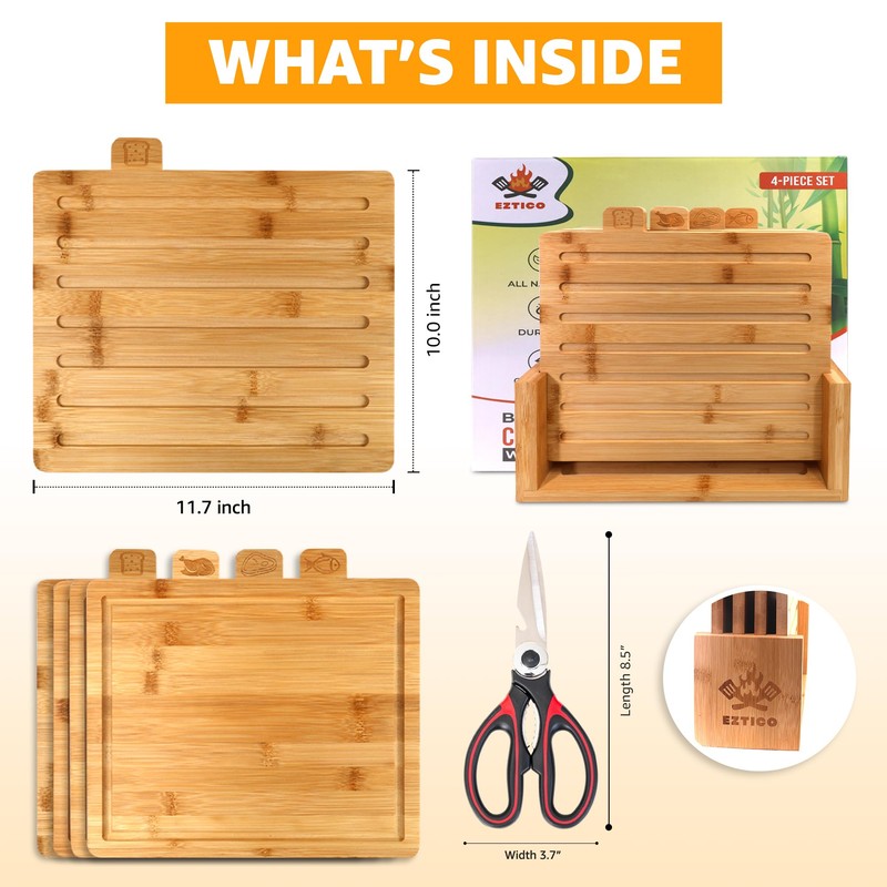 EZTICO Index Cutting Boards Bundle & Kitchen Shears, 4pcs Bamboo