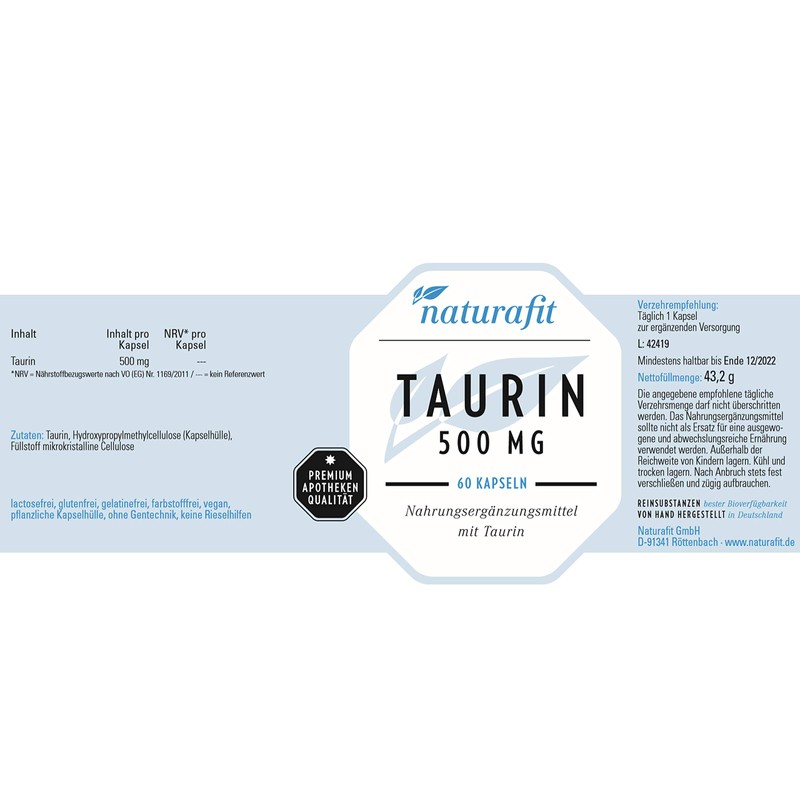 naturafit Taurine 500 mg Capsules, Pack of 60 Capsules