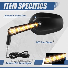 Auto Dynasty Motocycle Side Mirrors Rear View Rotary Adjustment with LED Turn Signal Handlebar Mount Universal for Naked Bike, Cruiser, Motorbike, Dirt Street Bike, Scooter, Black Cover, Oval Style