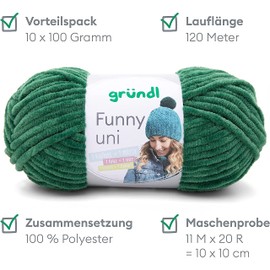 Gründl Funny uni Strick- & Häkelgarn (samtartiges Chenille-Garn aus 100% Polyester, 100 g / 120 m, Nadelstärke: 5-6, 1 x 100 g), dunkelgrün