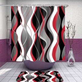 Nkzply 4 Pcs Red and Black Shower Curtain Set Grey and White Bathroom Sets with Shower Curtain and Rugs Modern Striped Bathroom Decor Accessories Shower Curtains for Bathroom Toilet Lid Cover Hooks