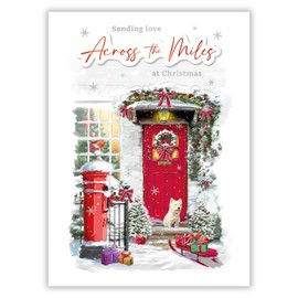 Noel Tatt Across the Miles Christmas Card, Single - Christmas Cards with Festive Front Door and Dog Design and Special Finishes - Eco-Friendly Xmas Cards with Envelope