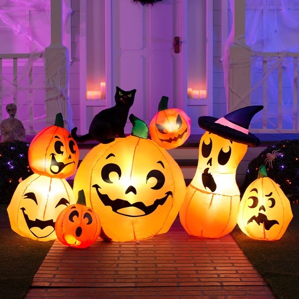 Joiedomi 6 FT Long 7 Pcs Halloween Inflatable Pumpkin with Witch's Cat Outdoor Halloween Decorations with Build-in LEDs Blow Up Inflatables for Halloween indoor, Outdoor, Yard, Garden, Lawn Decoration