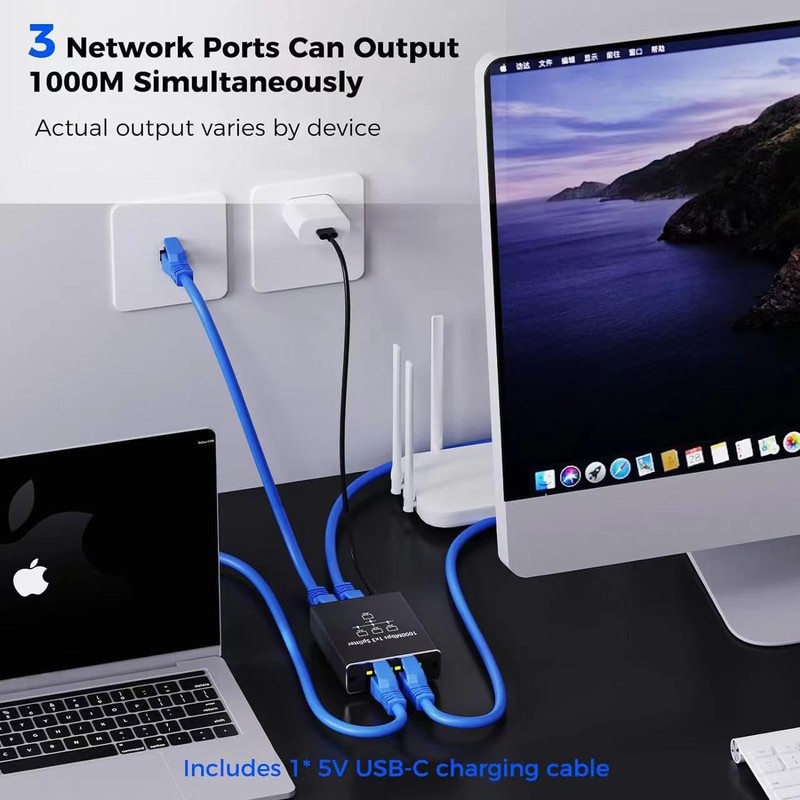 ZANZER Gigabit Ethernet Splitter 1 to 3, 1000Mbps High Speed